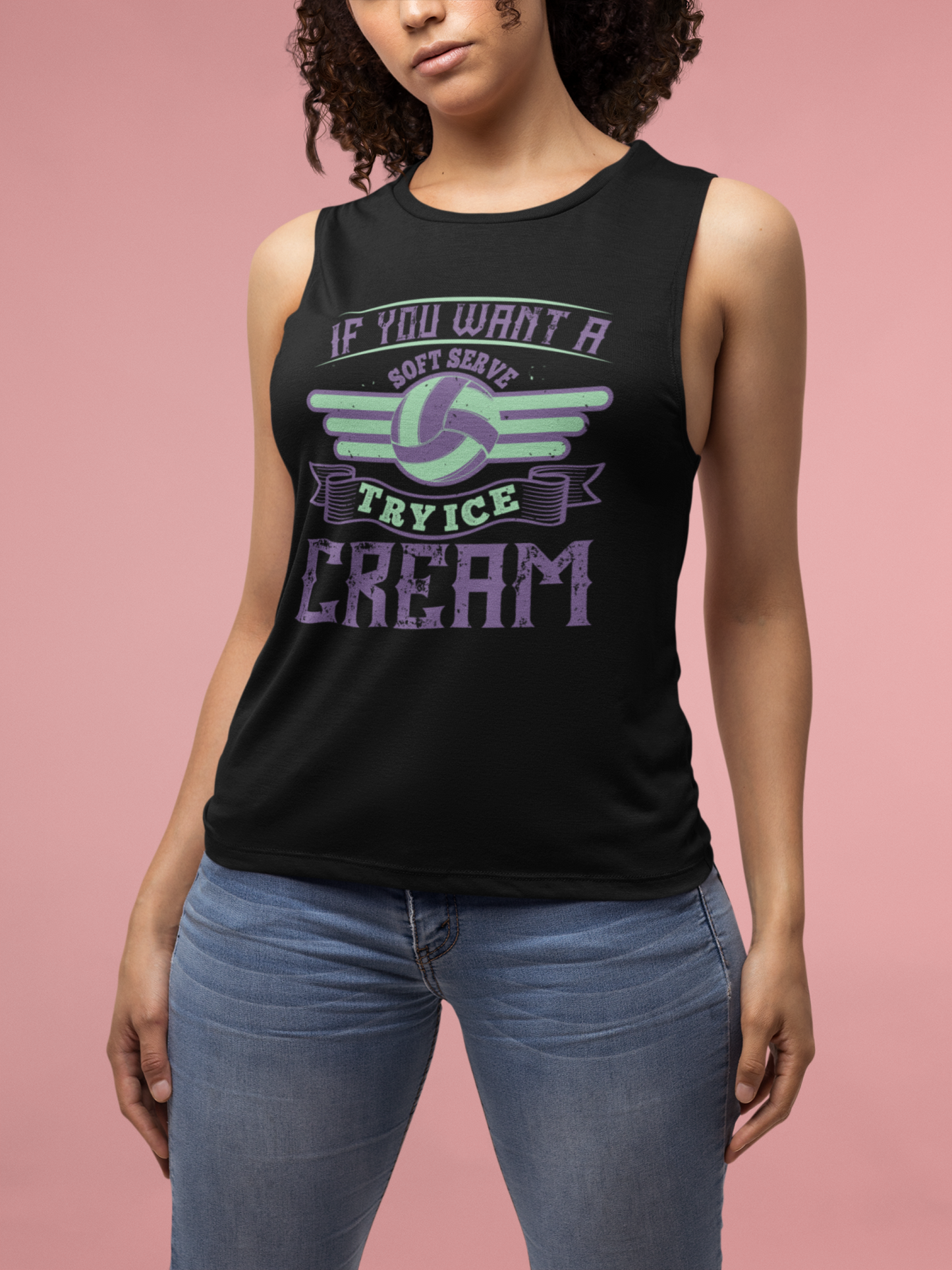 Black Volleyball Flowy Scoop Neck Muscle Tank "If you want a soft serve, try ice cream." - multiple size options
